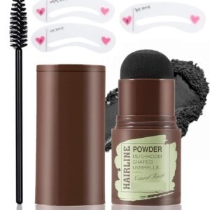 Natural Hairline Powder & Root Touch-Up Stick (Black) | Waterproof Hair Root Concealer with Hair Shading Sponge Pen & Eyebrow Stamp Set